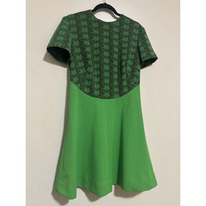 Vintage 60s 70s Handmade Green Black Leaves Dress Mod Gogo Empire Babydoll Swing